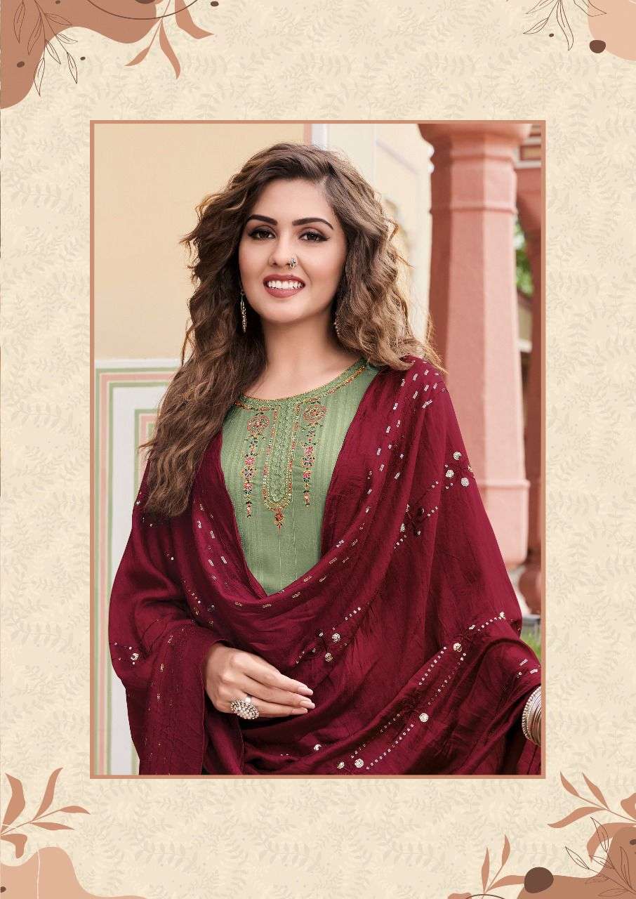 INAYA VOL 1 BY KEELOO BRAND PRESENTS 14 KG HEAVY RAYON STRIPE WITH DOBBY WITH HEAVY EMBROIDERY & KHATLI WORK KURTI WITH RAYON SLUB LYCRA  PANT AND HEAVY CHANDERI DUPATTA - 1004-C